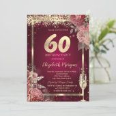 Champagne Glass Gold Confetti Floral Red 60th  招待状 (スタンド正面)