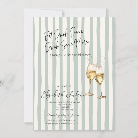 Champagne Glass Green Stripes Bridal Shower 招待状 (正面)