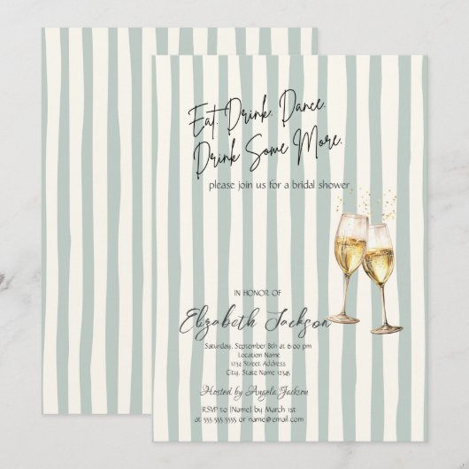 Champagne Glass Green Stripes Bridal Shower 招待状 (正面/裏面)
