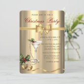 Champagne Glass Pearls Bow Gold Christmas Party 招待状 (スタンド正面)