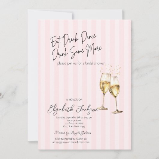 Champagne Glass Pink Stripes Bridal Shower 招待状 (正面)