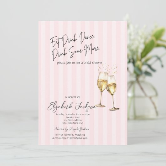Champagne Glass Pink Stripes Bridal Shower 招待状 (スタンド正面)