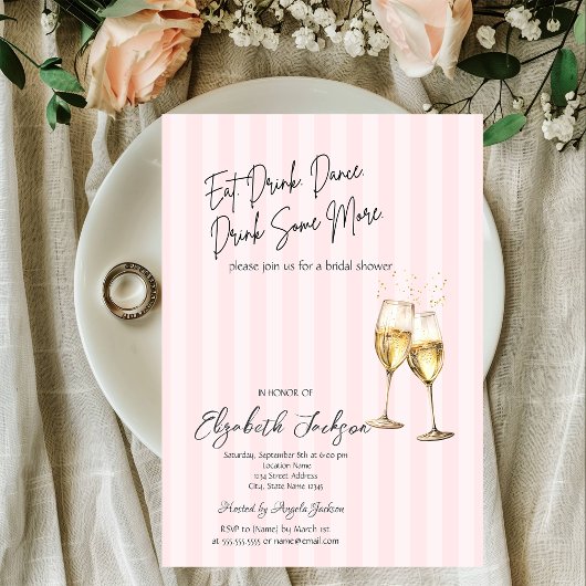 Champagne Glass Pink Stripes Bridal Shower 招待状