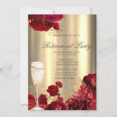Champagne Glass Red Roses Gold Retirement Party 招待状 (正面)