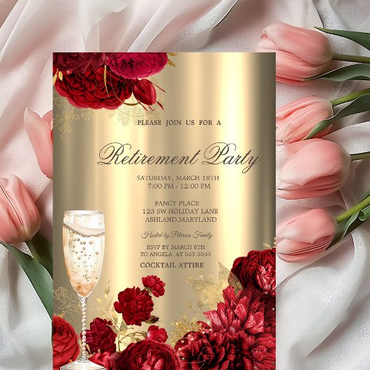 Champagne Glass Red Roses Gold Retirement Party 招待状
