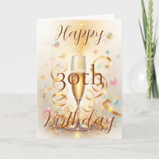 Champagne Glass with Gold Streamers Birthday カード (正面)