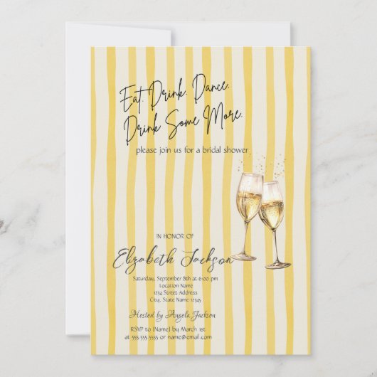 Champagne Glass Yellow Stripes Bridal Shower 招待状 (正面)