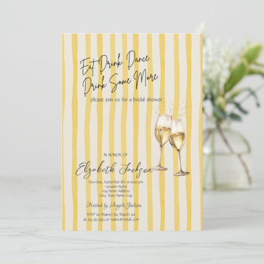 Champagne Glass Yellow Stripes Bridal Shower 招待状 (スタンド正面)