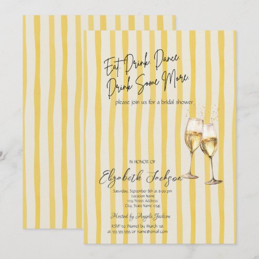 Champagne Glass Yellow Stripes Bridal Shower 招待状 (正面/裏面)