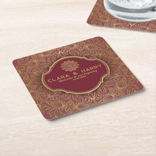 Champagne gold calligraphy romantic weeding スクエアペーパーコースター (アングル)