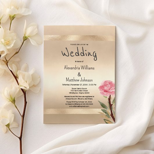 Champagne Gold Glamour Pink Floral Wedding  招待状
