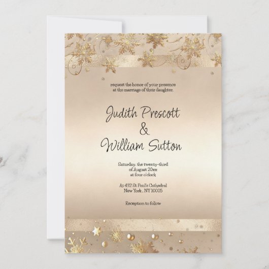 Champagne Golden Snowflakes Luxury Wedding  招待状 (正面)
