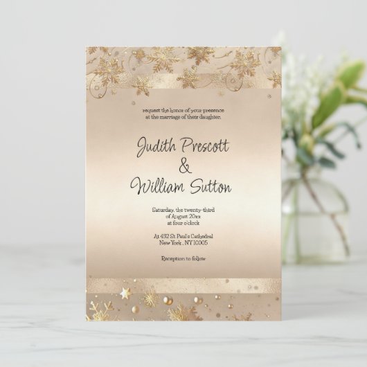 Champagne Golden Snowflakes Luxury Wedding  招待状 (スタンド正面)