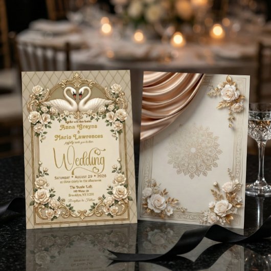 Champagne Ivory Quilted Faux Gold Ornate Wedding  招待状