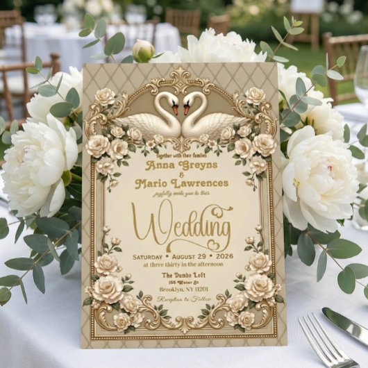 Champagne Ivory Quilted Faux Gold Ornate Wedding  招待状