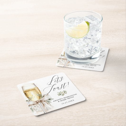 Champagne Let's Toast Winter Engagement スクエアペーパーコースター (インサイチュ)
