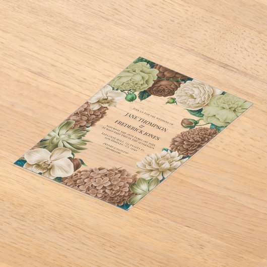 Champagne Mist, Willow Sage & Pebble Taupe Wedding アクリル招待状 (レイダウン)