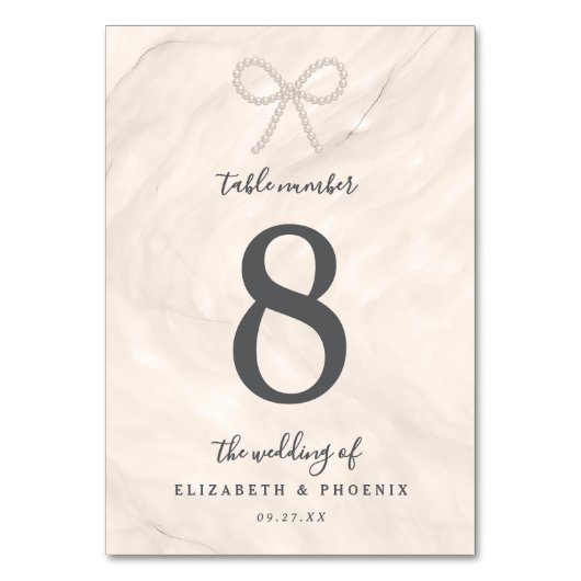 Champagne Pearl Bow Elegant Luxury Wedding テーブルナンバー (正面)