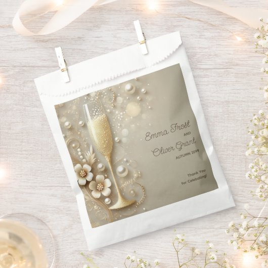 Champagne & Pearl Elegant Wedding Shower フェイバーバッグ (クリップ留めされた状態)