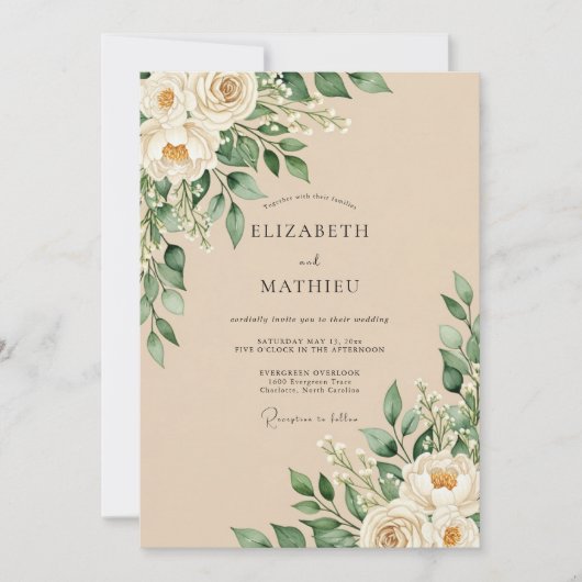 Champagne Refined Floral Rustic Wedding 招待状 (正面)