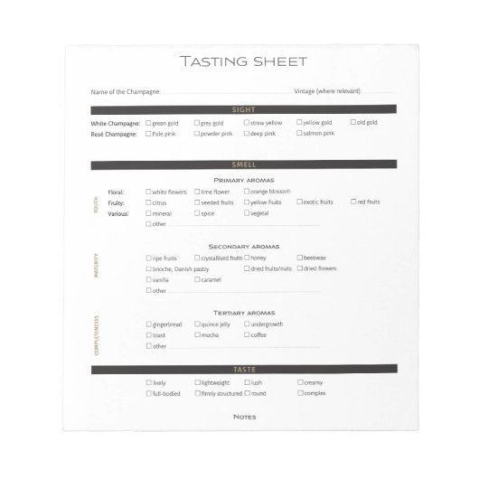Champagne & Sparkling Wine Deductive Tasting Sheet ノートパッド (正面)