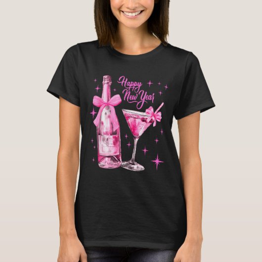 Champagne Swea Martini Coquette Happy New Year Par Tシャツ (正面)