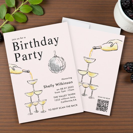 Champagne Tower disco ball Birthday  Invitation 招待状
