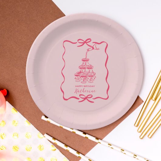 Champagne Tower Pink Hand Drawn Birthday Party ペーパープレート