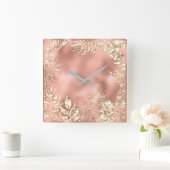 Champaigneの金ゴールドの熱帯葉の花の金属の赤面 スクエア壁時計 (ホーム)