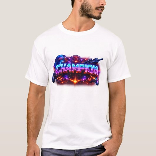 CHAMPION 🎮 究極のネオンサイバーパンクゲーミングマスター Tシャツ (正面)