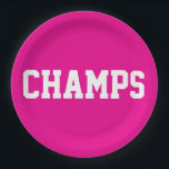 CHAMPS Fun Sporty White Text On Bright Hot Pink ペーパープレート<br><div class="desc">This sporty design features athletic CHAMPs white text against bright hot pink background.   The colors and text in this design can be personalized.</div>