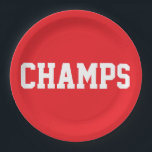 CHAMPS Fun Sporty White Text On Bright Red ペーパープレート<br><div class="desc">This sporty design features athletic CHAMPS white text against bright red background.   The colors and text in this design can be personalized.</div>