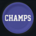CHAMPS Fun Sporty White Text On Deep Blue ペーパープレート<br><div class="desc">This sporty design features athletic CHAMPS white text against deep blue background.   The colors and text in this design can be personalized.</div>