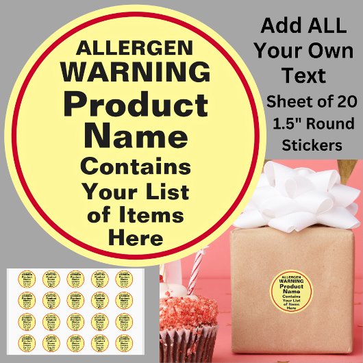 Change ALL TEXT Allergen Warning, Black Red Yellow ラウンドシール