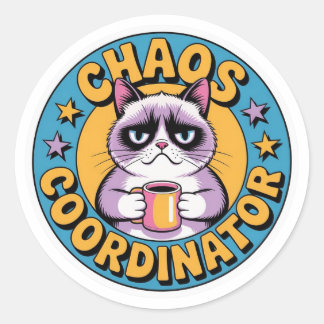 Chaos Coordinator Cat Sticker - Funny Grumpy Coffe ラウンドシール