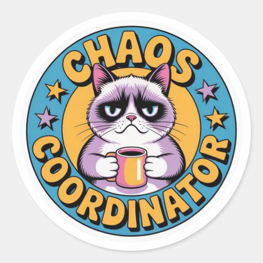 Chaos Coordinator Cat Sticker - Funny Grumpy Coffe ラウンドシール (正面)