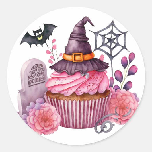 Chapeau de sorcière, gateau, fleurs Halloween ラウンドシール (正面)