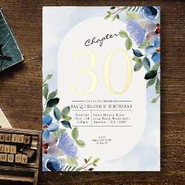 Chapter 30 ブルー フローラル 30歳の誕生日 ゴールド 箔招待状