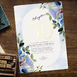 Chapter 50 ブルー フローラル ゴールド 誕生日50周年 箔招待状