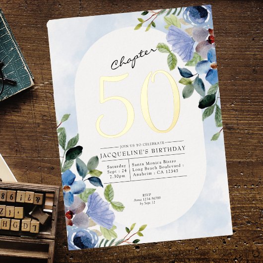 Chapter 50 ブルー フローラル ゴールド 誕生日50周年 箔招待状