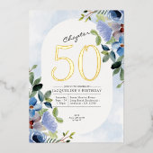 Chapter 50 ブルー フローラル ゴールド 誕生日50周年 箔招待状 (正面)