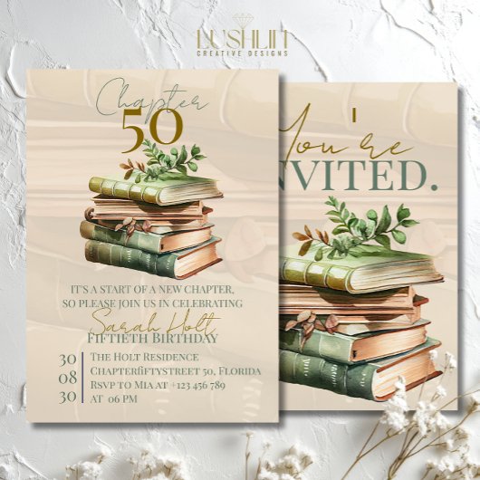 Chapter 50 Birthday | Stacked Books & Leaves  招待状