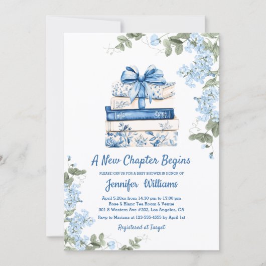chapter begins, blue bow books floral baby shower  招待状 (正面)