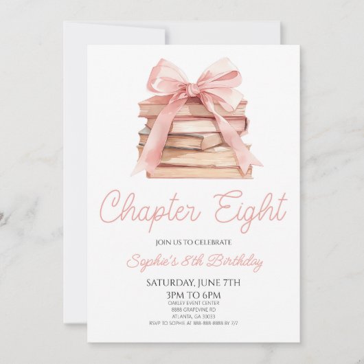 Chapter Eight Pink Bow Books 8th Birthday Party 招待状 (正面)