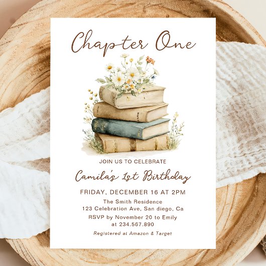 Chapter One Floral Books 1st Birthday Invitation 招待状