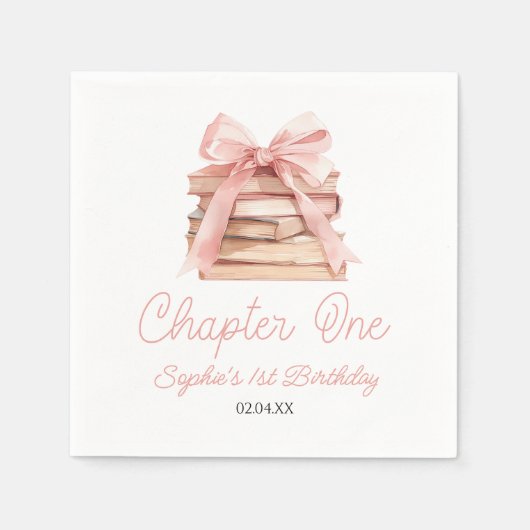 Chapter One Pink Bow Books 1st Birthday Party スタンダードカクテルナプキン (正面)