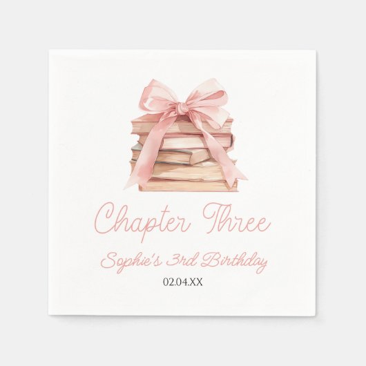 Chapter Three Pink Bow Books 3rd Birthday Party スタンダードカクテルナプキン (正面)