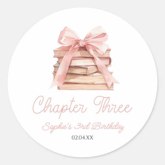 Chapter Three Pink Bow Books 3rd Birthday Party ラウンドシール (正面)