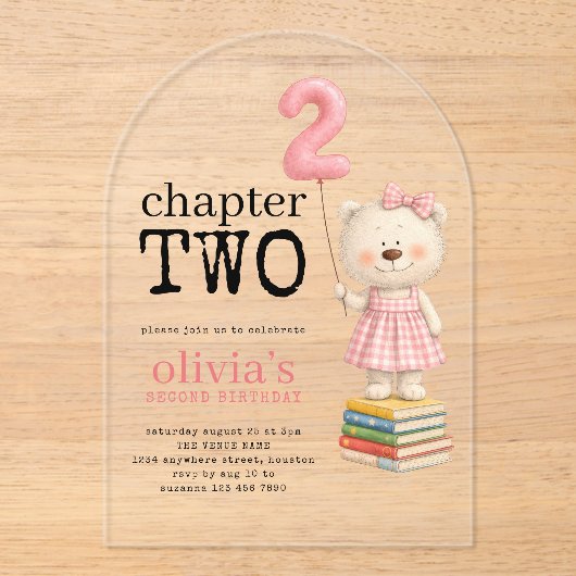 Chapter Two Teddy Bear Books Girl 2nd Birthday アクリル招待状 (正面)