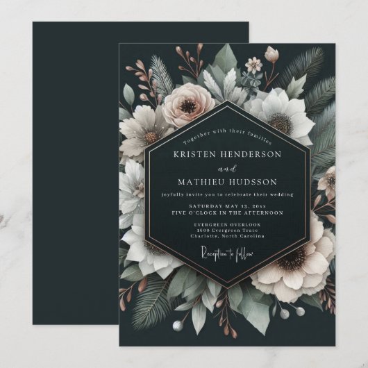 Charcoal Alabaster Flora Wedding 招待状 (正面/裏面)